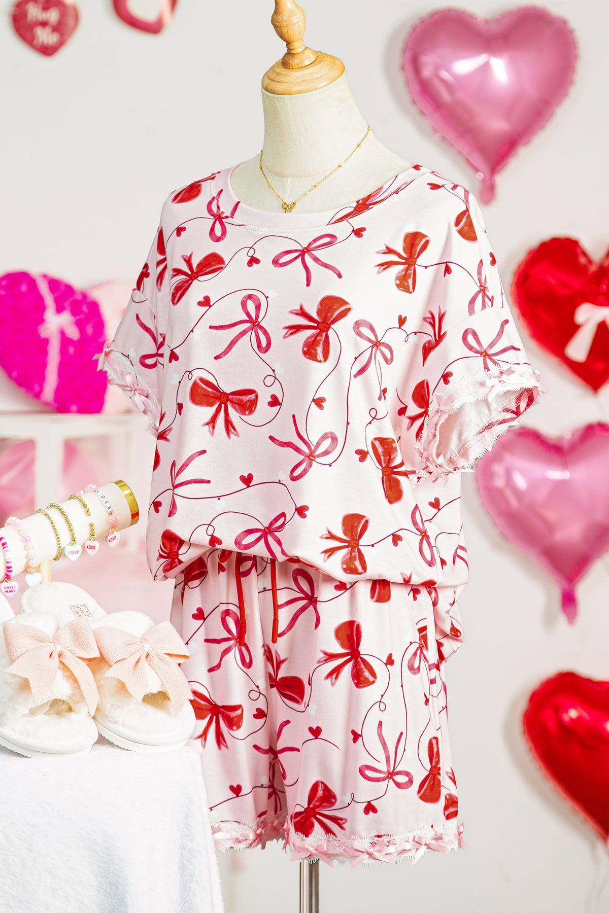 Red Romantic Bow Print Lounge Set