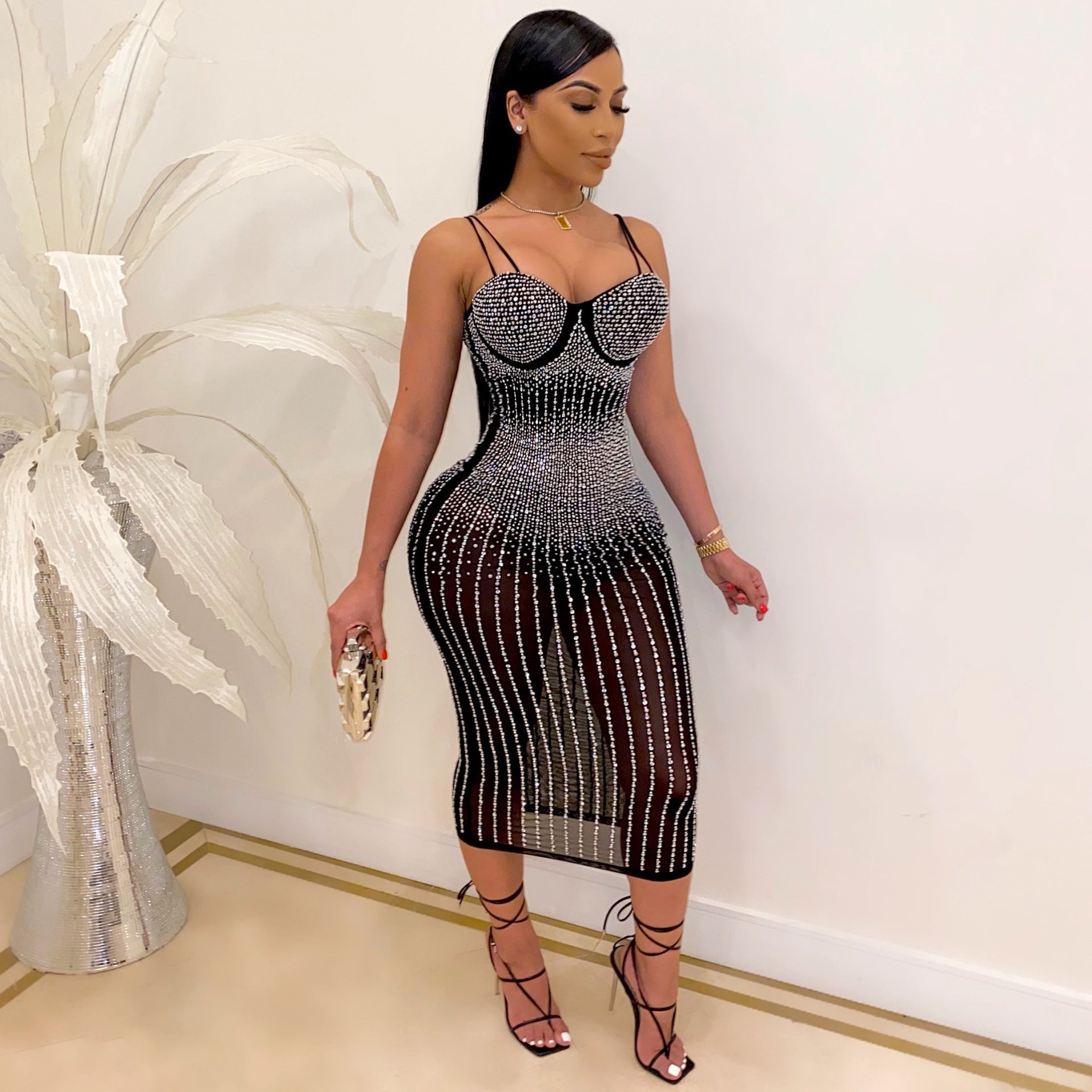 Women's Rhinestone Sweetheart Bodycon Midi Dress