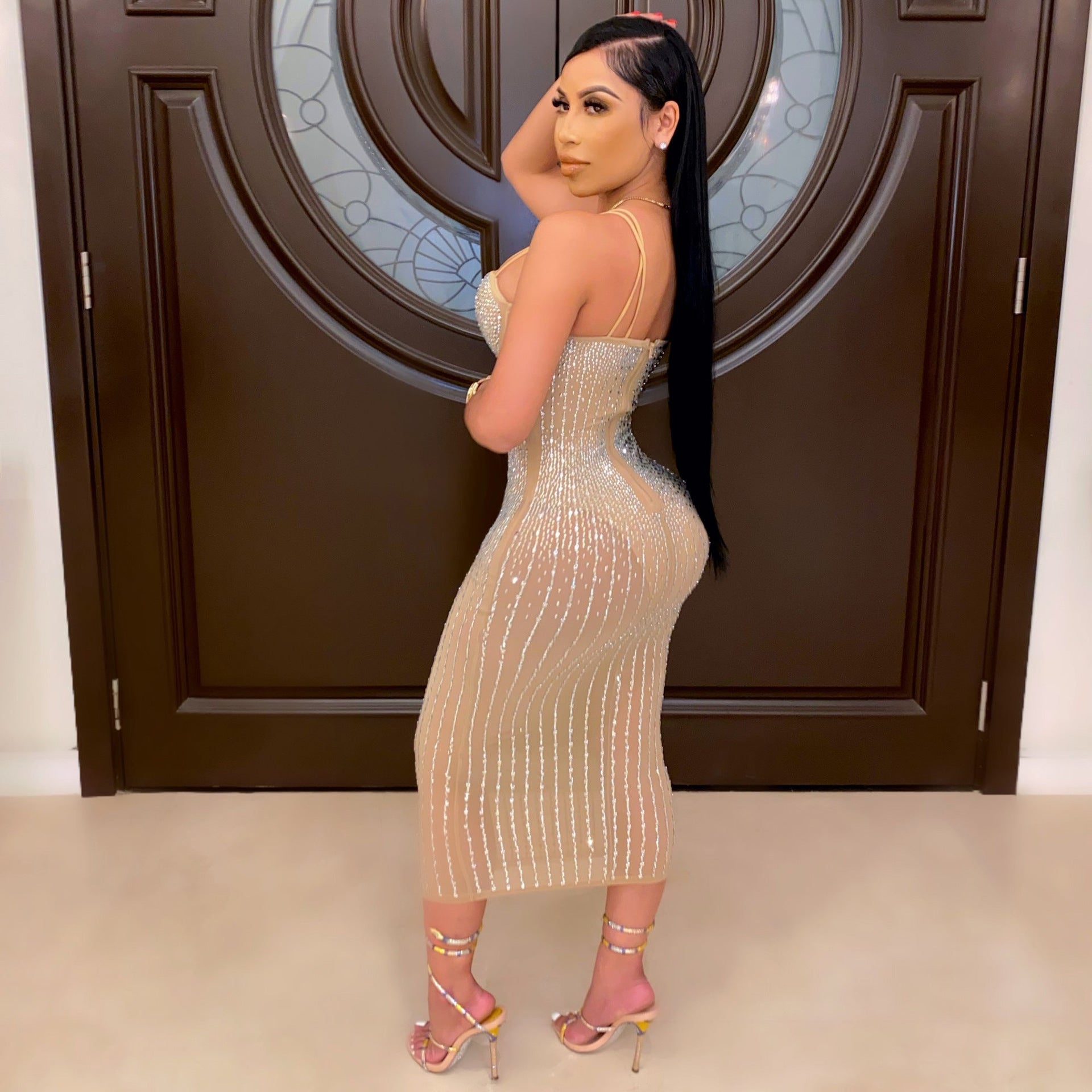 Women's Rhinestone Sweetheart Bodycon Midi Dress