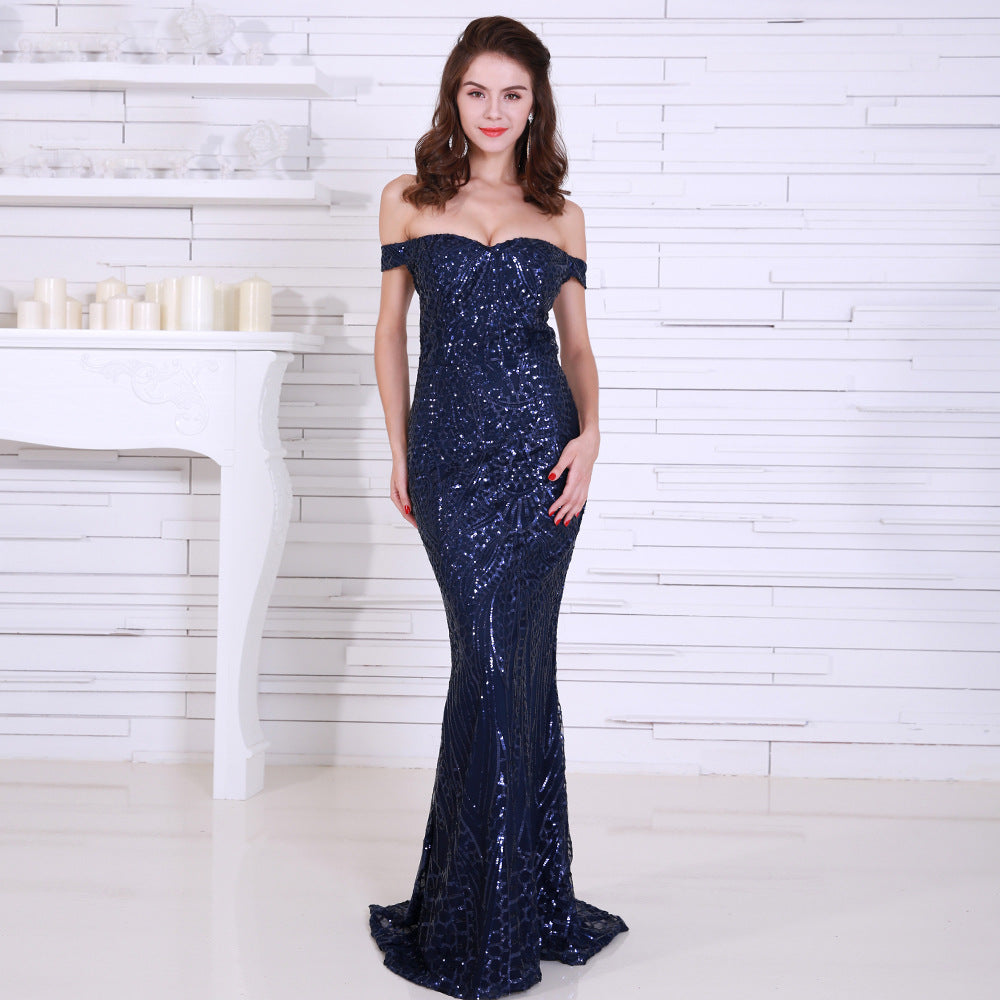 Women's Sequined Tube Top Banquet Party Evening Fishtail Dress