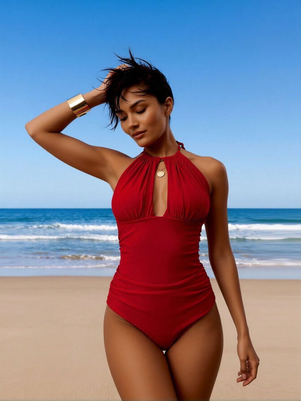 Red halter one-piece swimsuit with keyhole cutout and ruched bodice