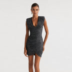 Women's black textured plunge mini dress