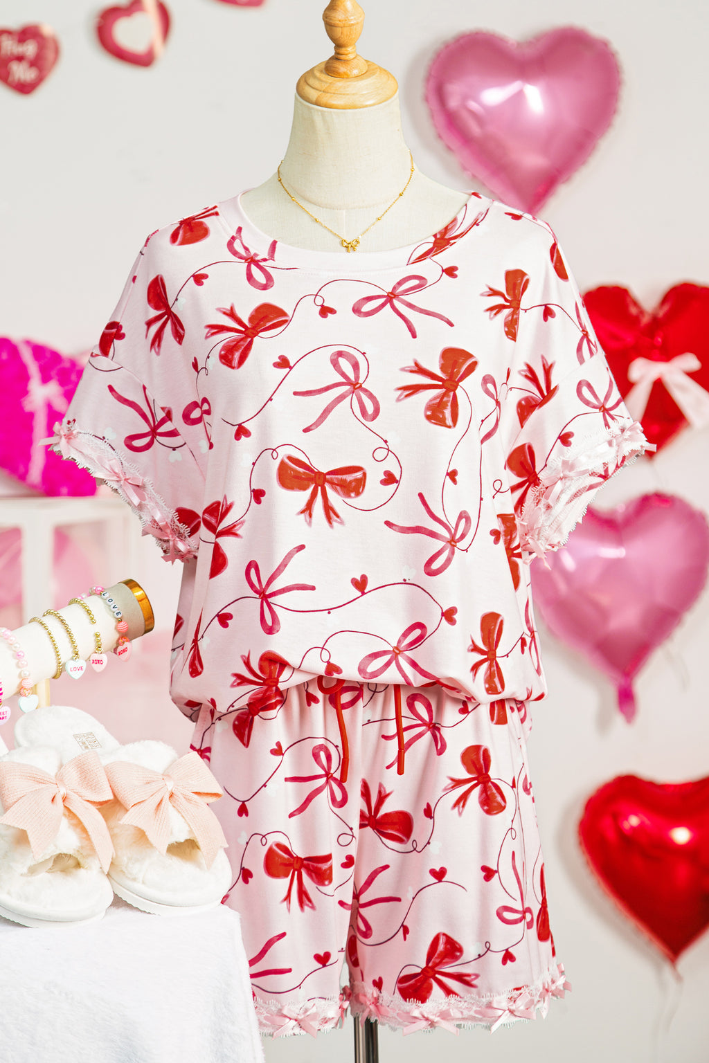 Red Romantic Bow Print Lounge Set