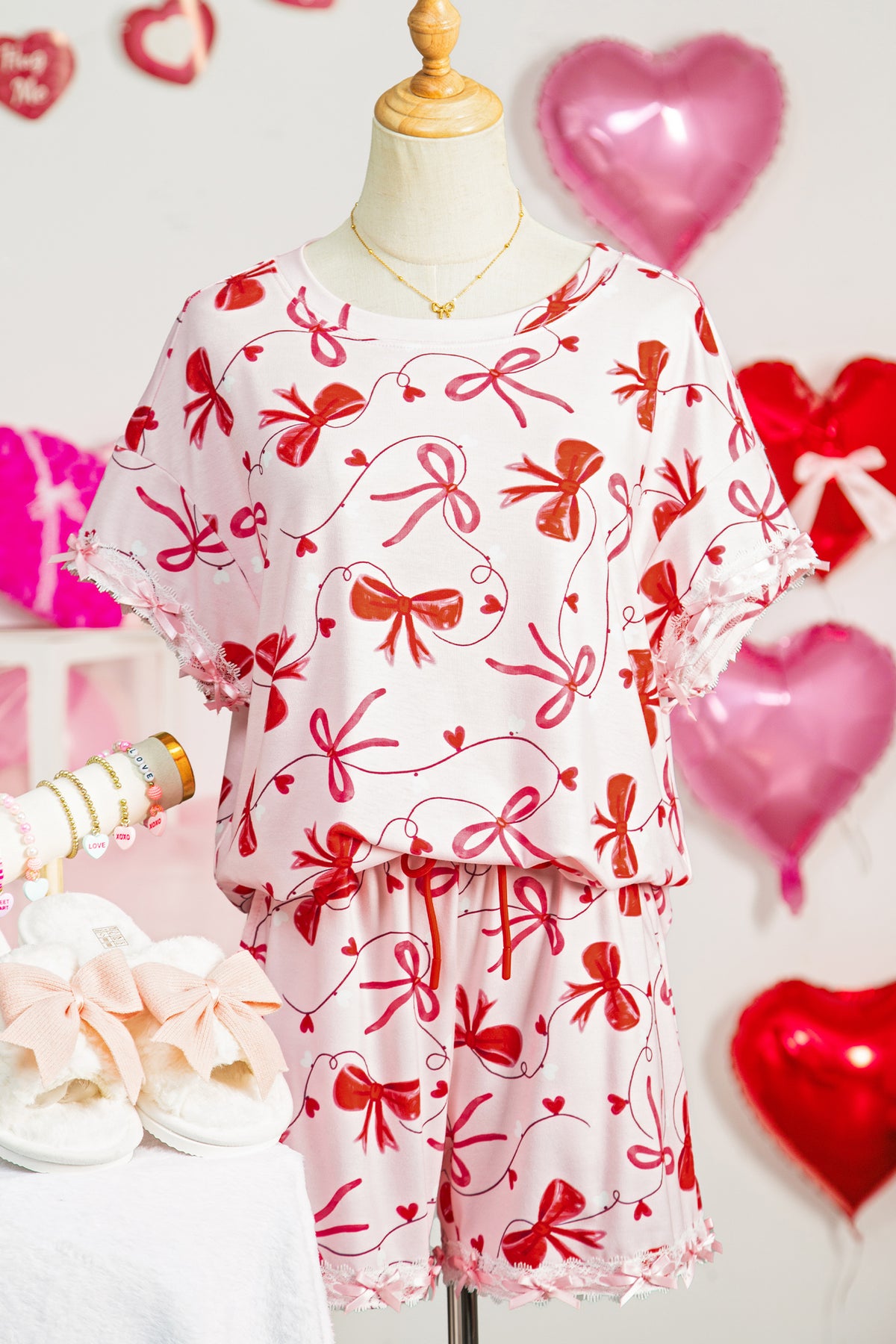 Red Romantic Bow Print Lounge Set