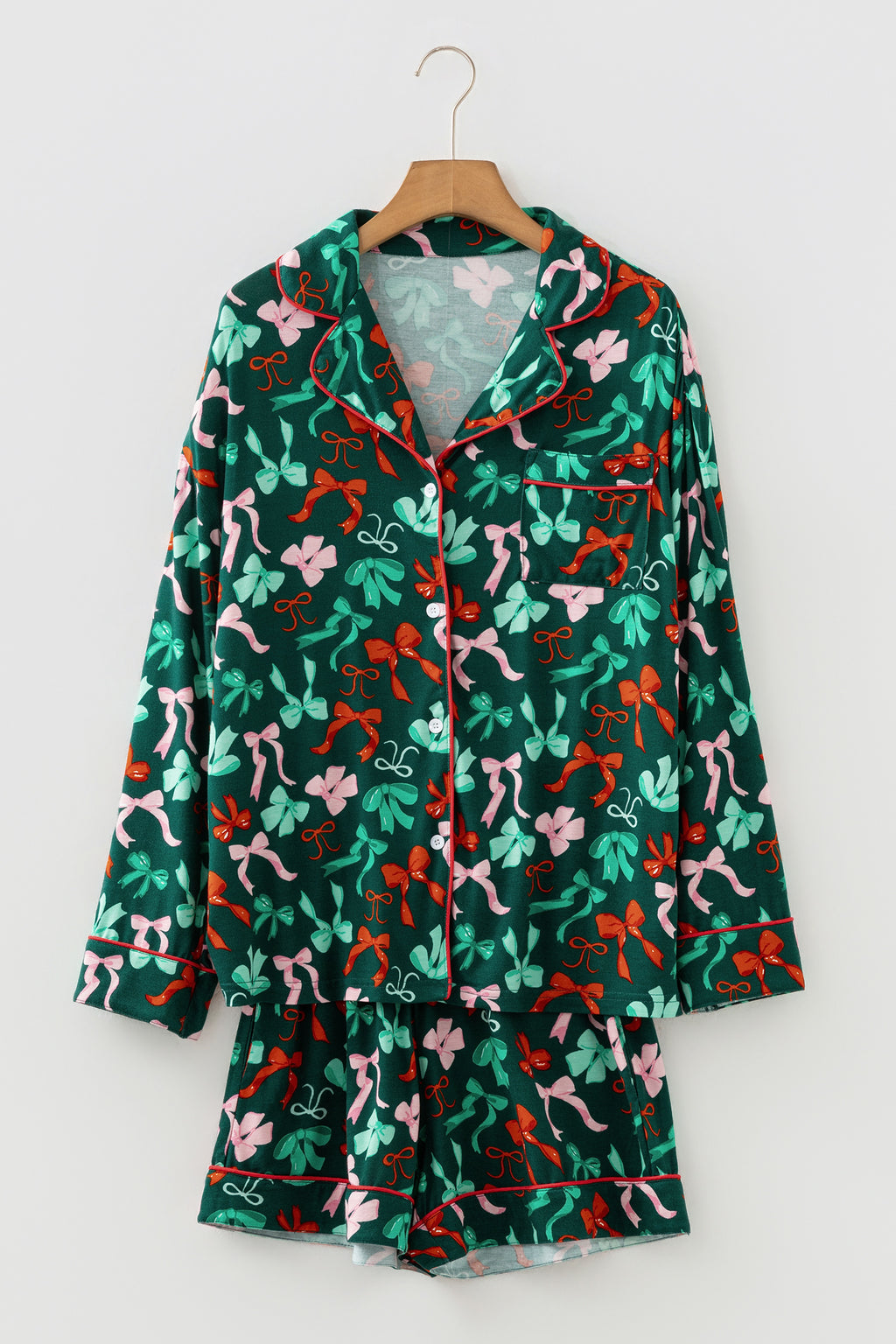Green Festive Bow-Print Pajama Set