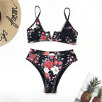 Black floral print bikini set with triangle bra top and high-rise hipster bottoms