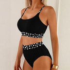 Women's Black Polka Dot Ribbed Bikini Set