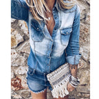 Women's Spring Autumn Long-Sleeved Denim Shirt Vintage Washed Pocket Outerwear Shirt