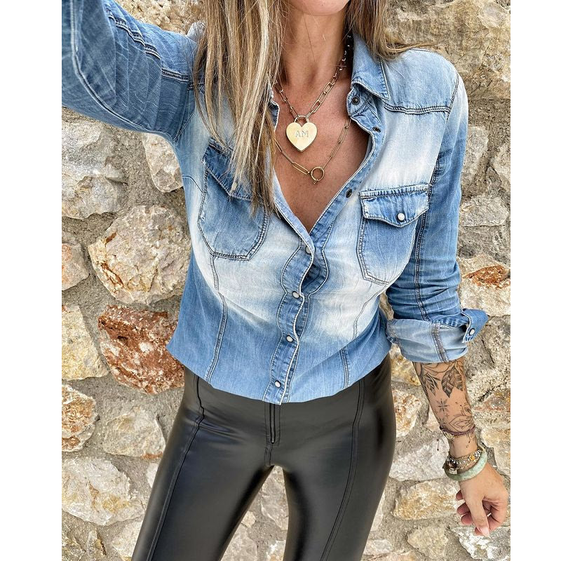 Women's Spring Autumn Long-Sleeved Denim Shirt Vintage Washed Pocket Outerwear Shirt