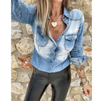 Women's Spring Autumn Long-Sleeved Denim Shirt Vintage Washed Pocket Outerwear Shirt