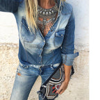 Women's Spring Autumn Long-Sleeved Denim Shirt Vintage Washed Pocket Outerwear Shirt