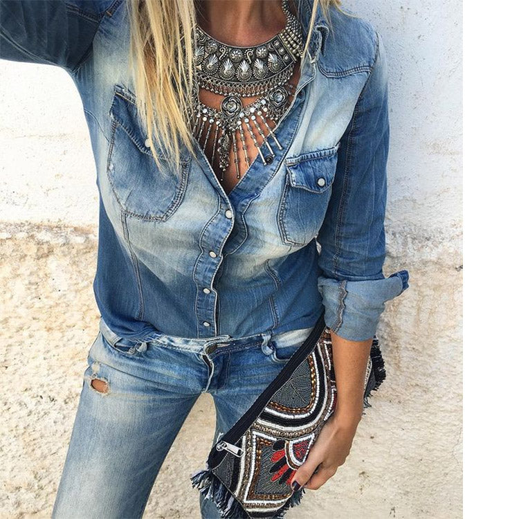 Women's Spring Autumn Long-Sleeved Denim Shirt Vintage Washed Pocket Outerwear Shirt