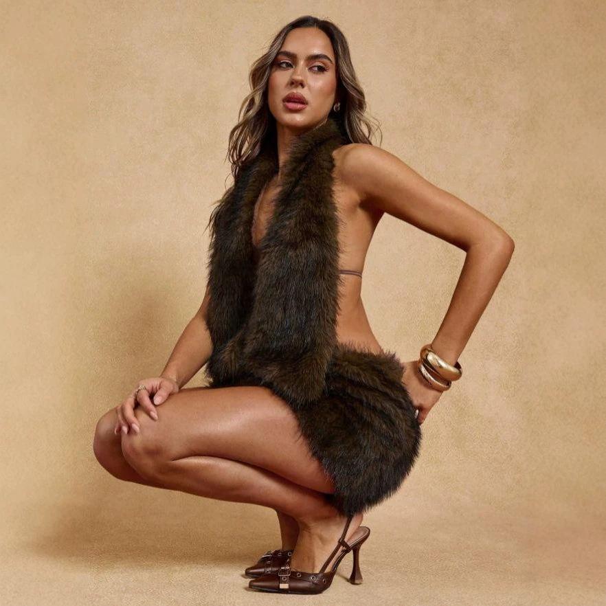 Women's brown faux fur halter vest
