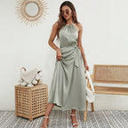 Women's sage satin halter midi dress