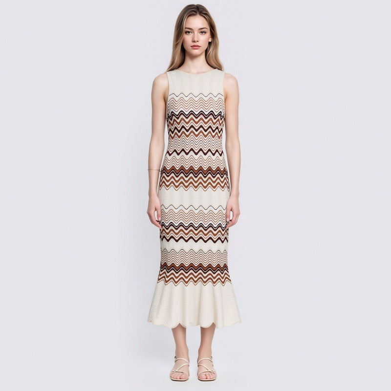 Women's beige brown wavy stripe knit maxi dress