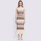 Women's beige brown wavy stripe knit maxi dress