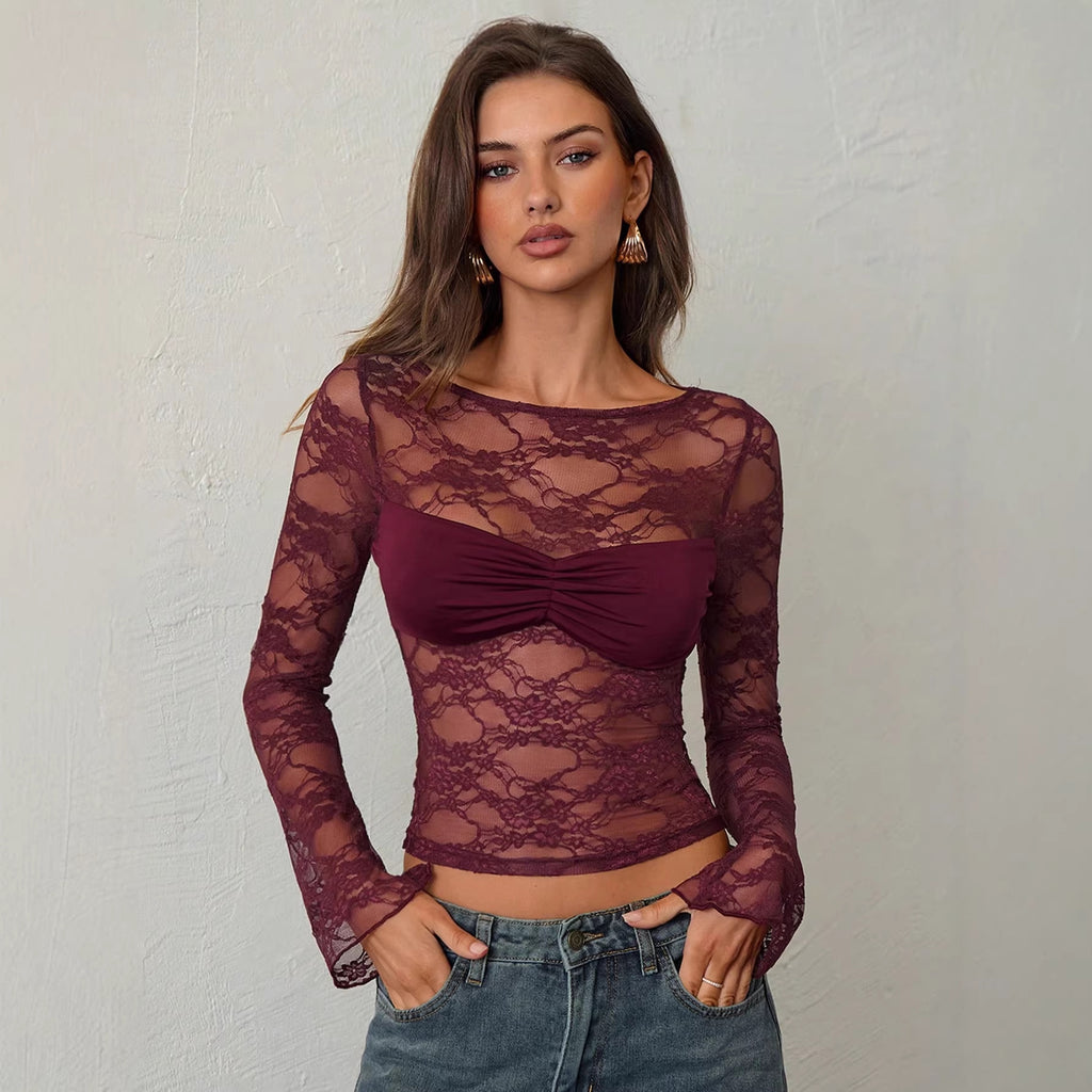 Wine red floral sheer lace long-sleeve top
