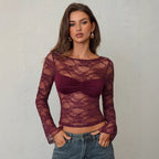 Wine red floral sheer lace long-sleeve top