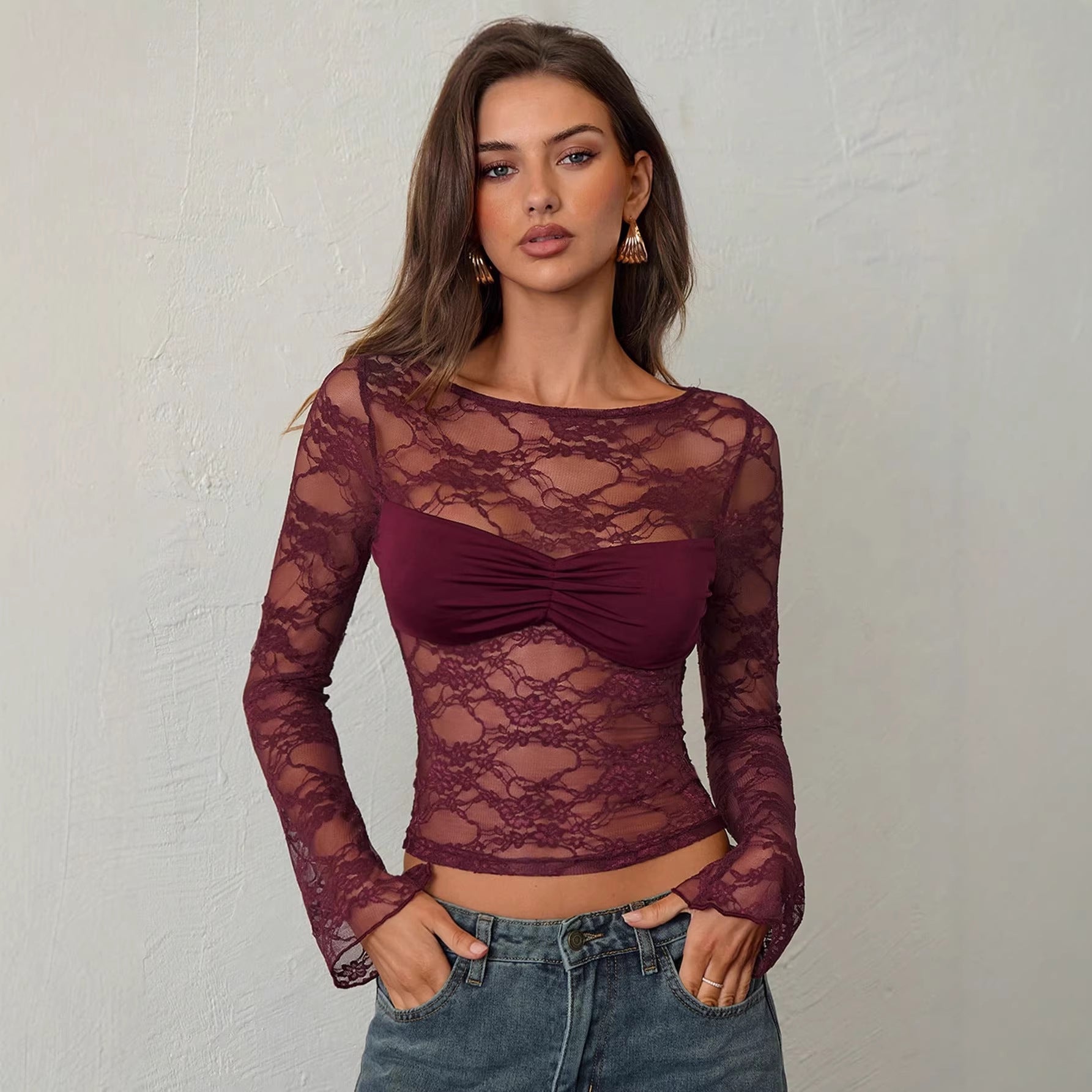 Wine red floral sheer lace long-sleeve top