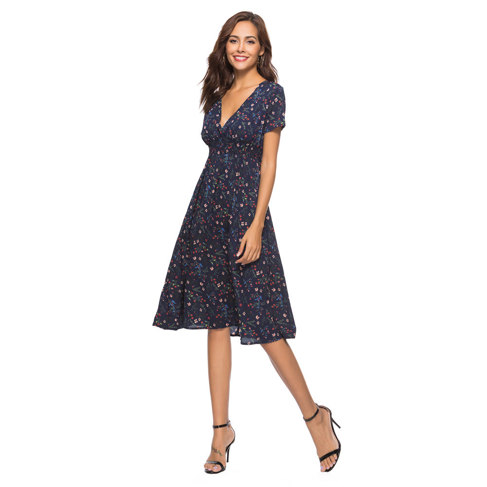 Women's Floral Chiffon V-Neck Midi Dress