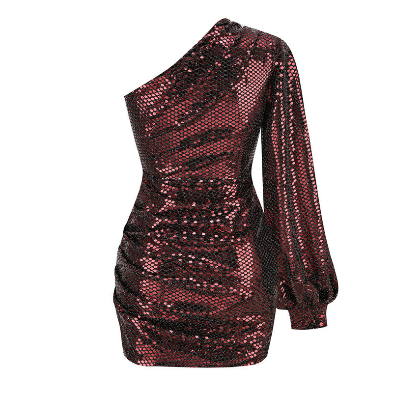 Rose gold sequin one-shoulder mini dress, back flat-lay with balloon sleeve