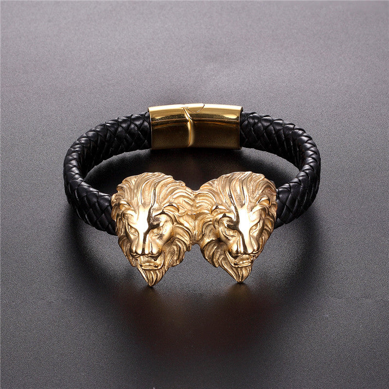 Men's lion and skull leather cord bracelet