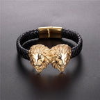 Men's lion and skull leather cord bracelet