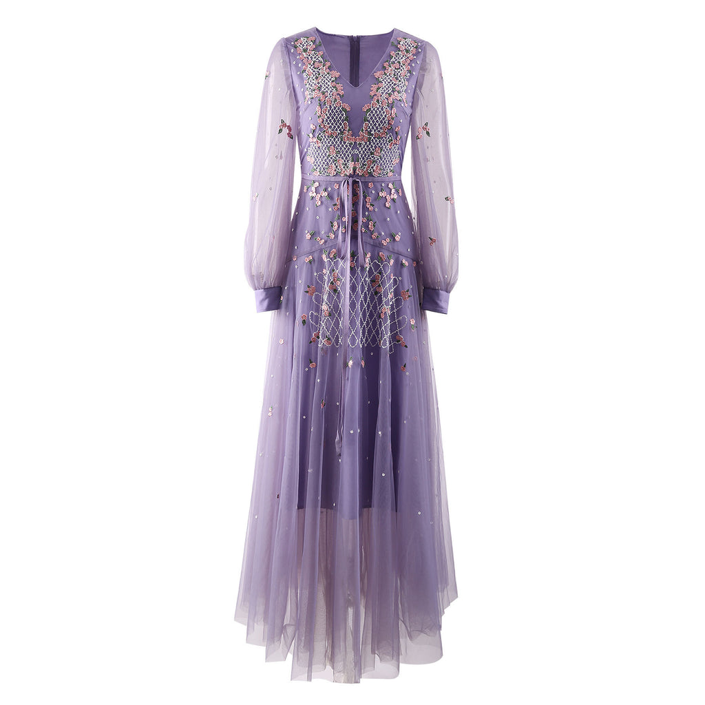 Purple long-sleeve sequin tulle dress, V-neckline with floral beaded detailing
