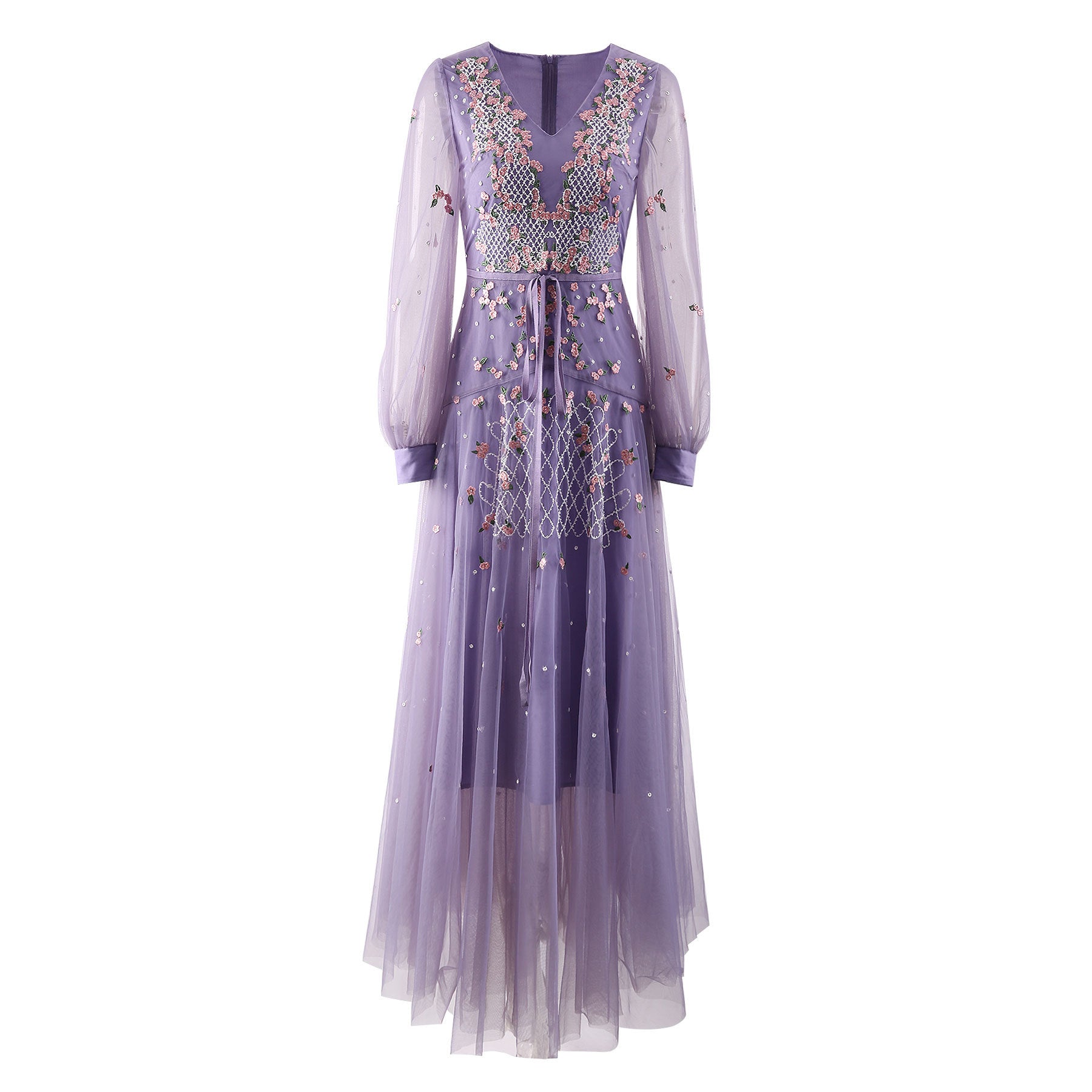 Purple long-sleeve sequin tulle dress, V-neckline with floral beaded detailing