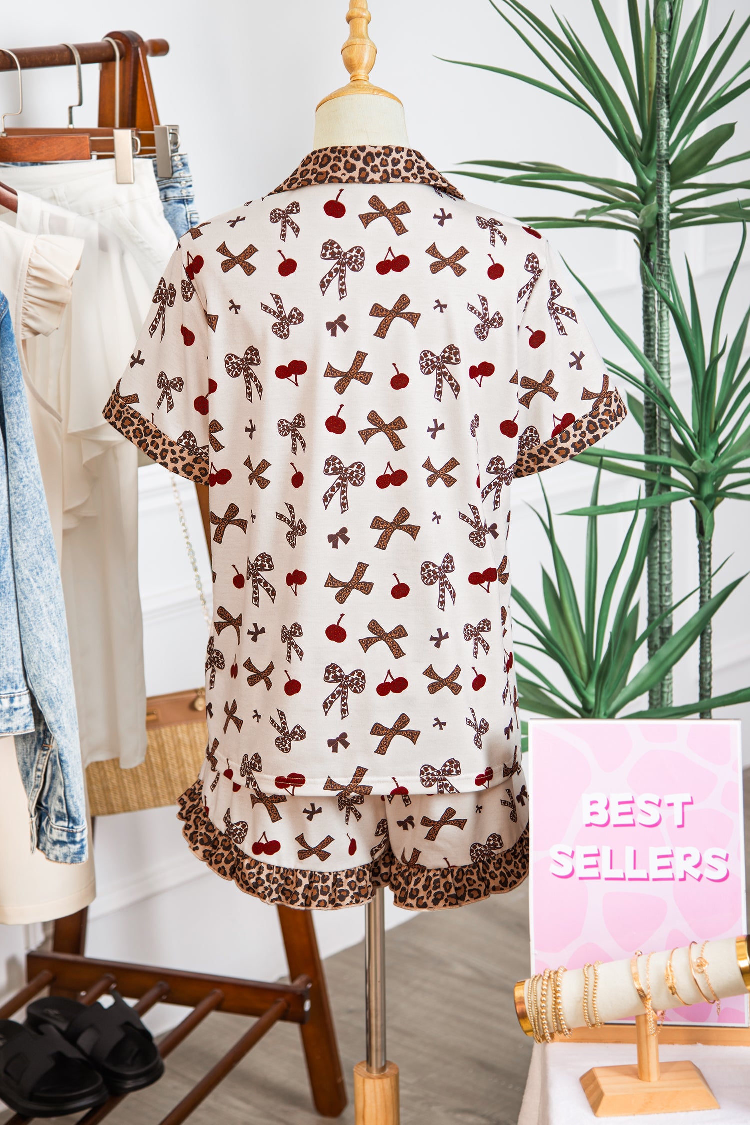White Cherry Leopard Bow Pajama Set