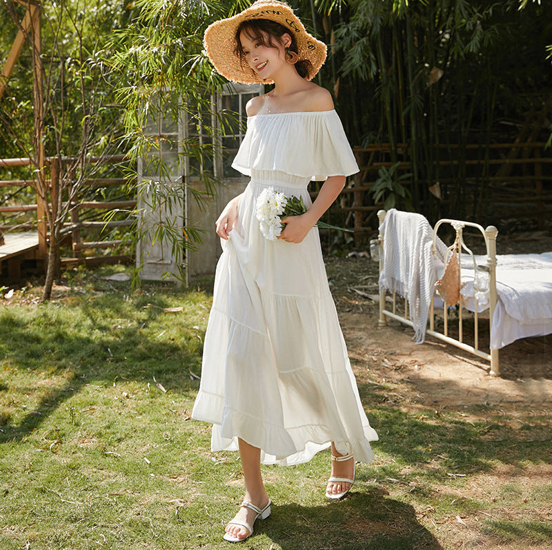 White boho off-shoulder tiered midi dress with layered skirt and ruffled bodice
