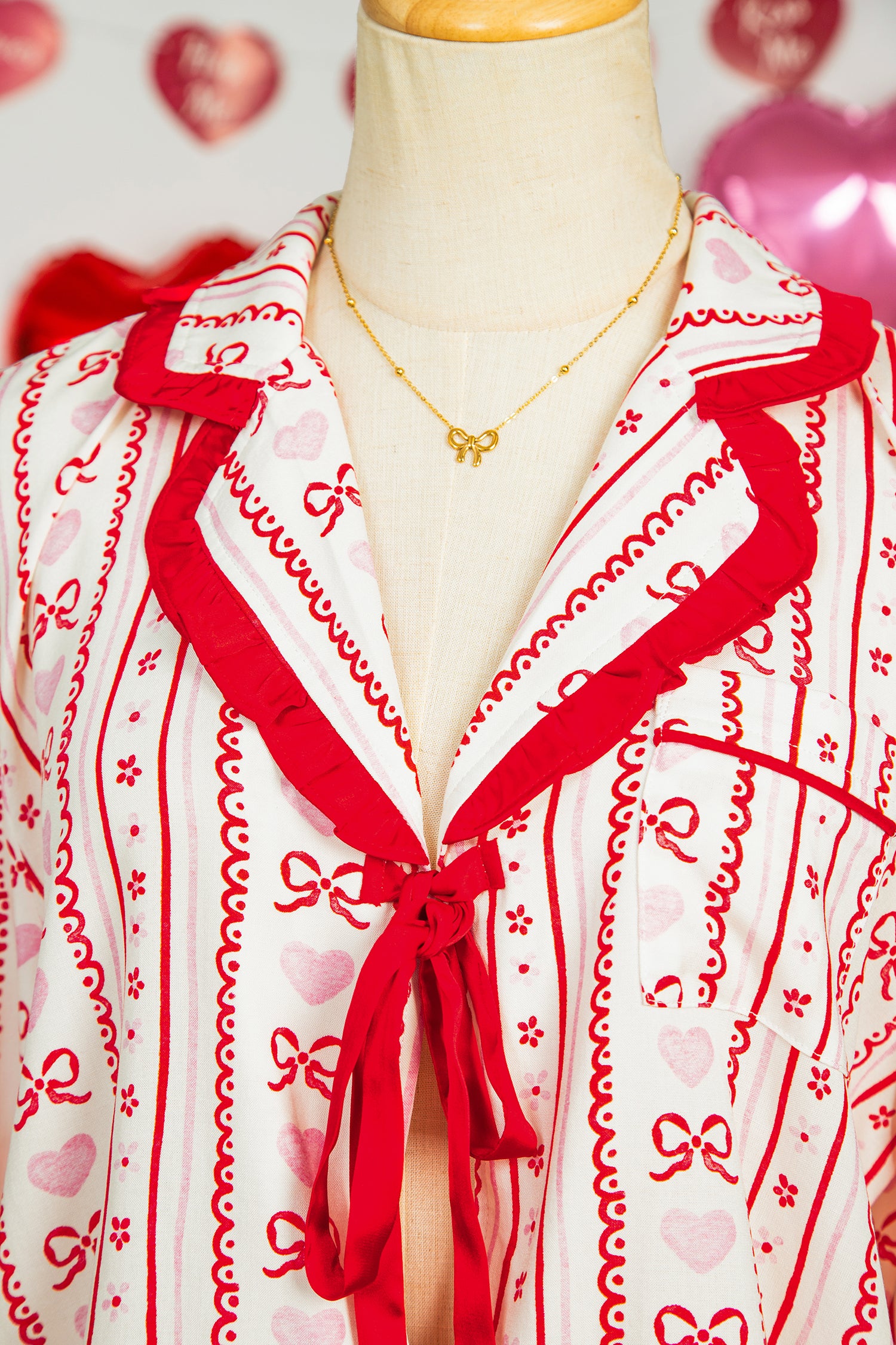 Red Floral Heart Bow Pajama Set