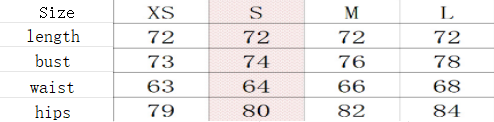 Size chart for women's sling sequin dress: length 72cm, bust 73–78cm, waist 63–68cm
