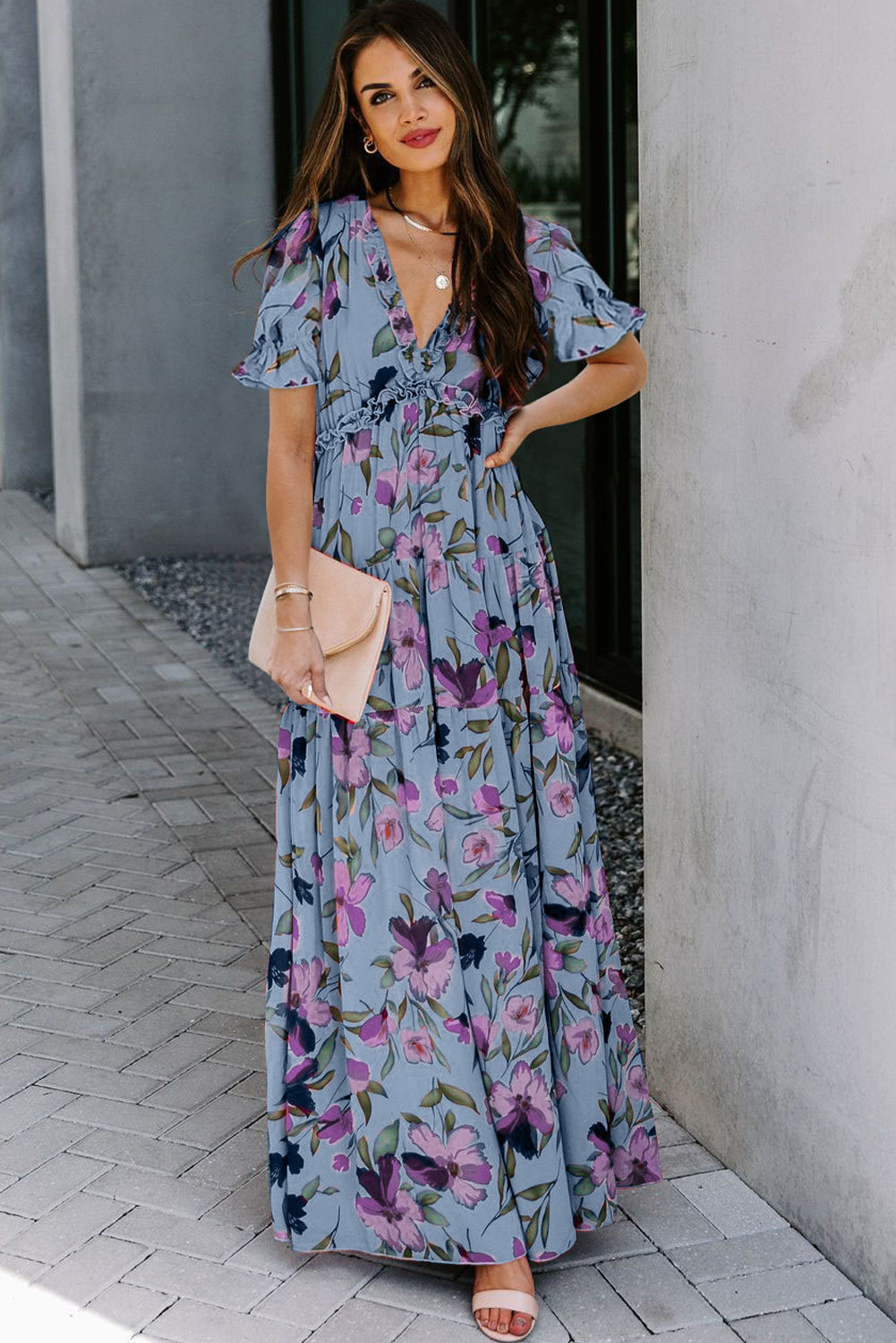 Black Fiery Floral V-Neck Maxi Dress