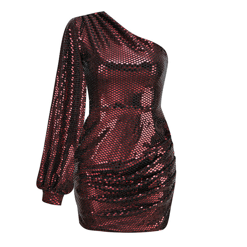 Rose gold sequin one-shoulder mini dress, front flat-lay with balloon sleeve