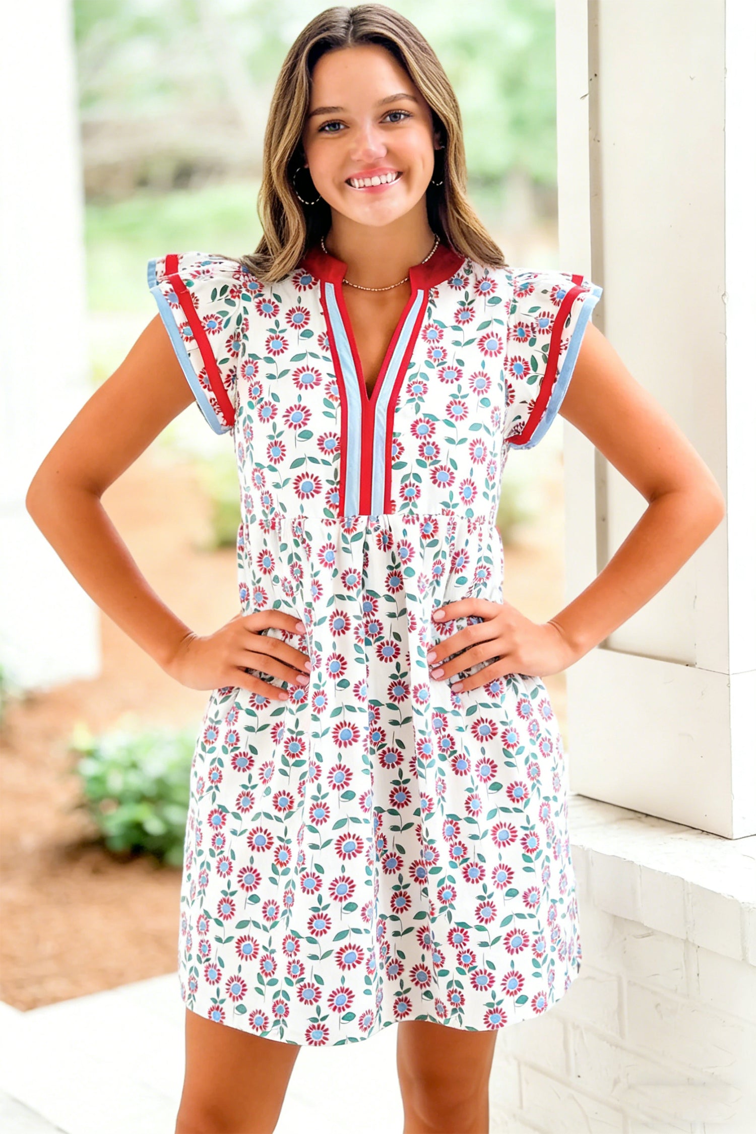 Sky Blue Floral Contrast-Trim Flutter-Sleeve Top