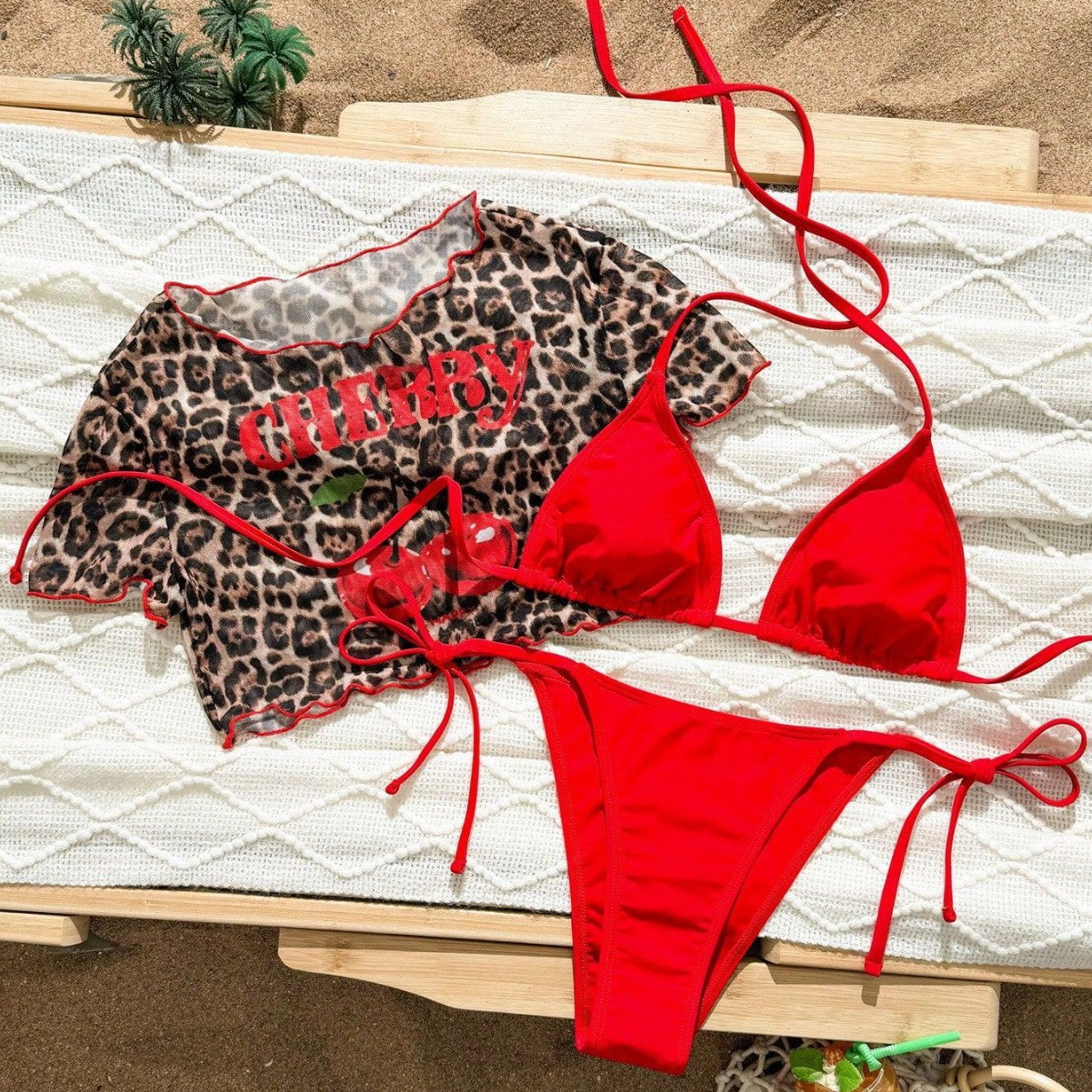 Women's red leopard bikini set with T-shirt cover-up