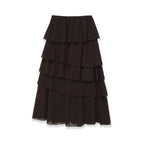Coffee brown elastic-waist A-line long skirt