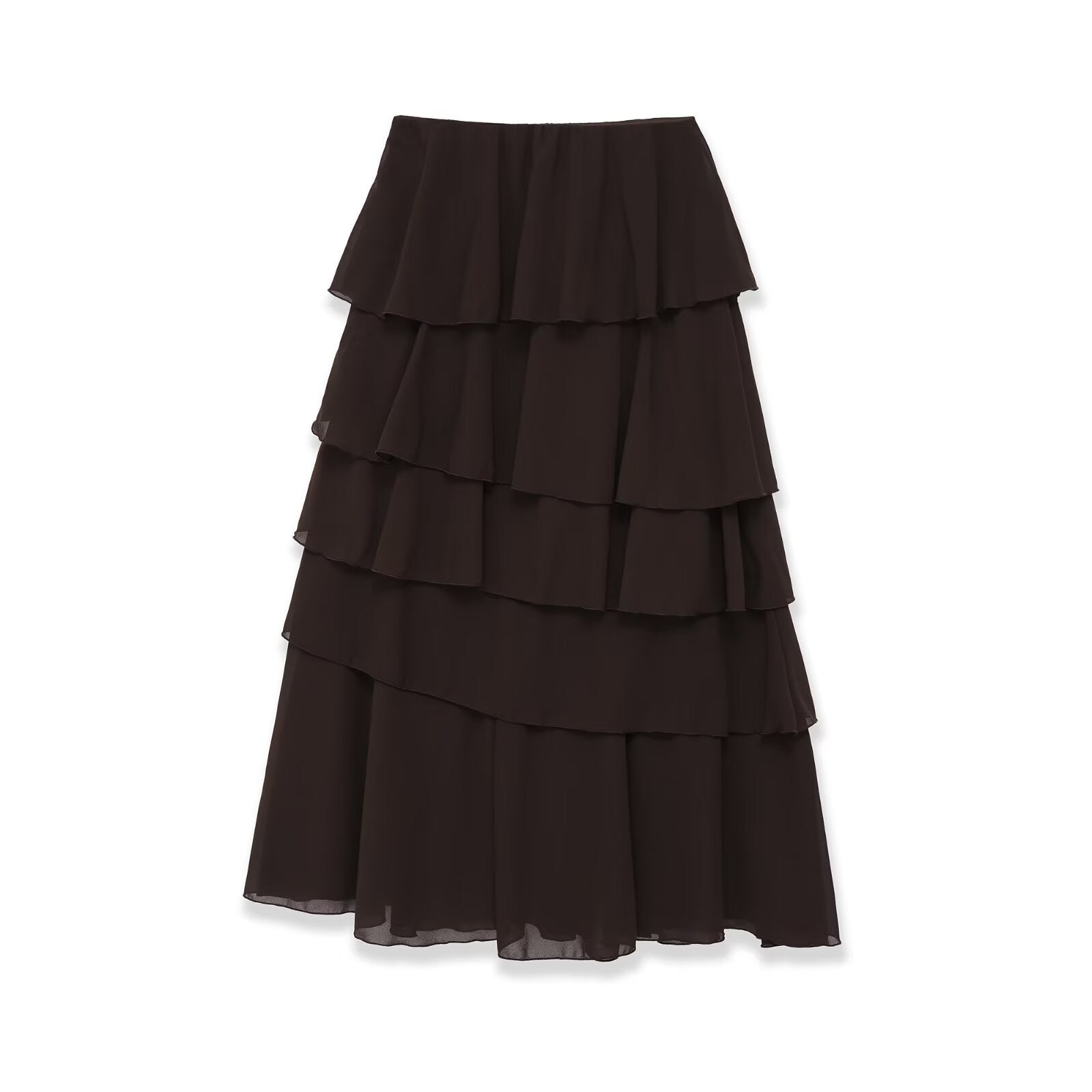Coffee brown elastic-waist A-line long skirt