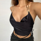 Women's satin metal ring chain halter top