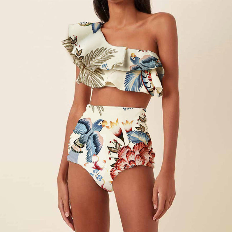 Women's ivory tropical one-shoulder bikini set