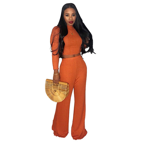 Women Clothing Sexy Rib Fabric Cropped Outfit Wide Leg Pants Turtleneck Two-Piece Sweater