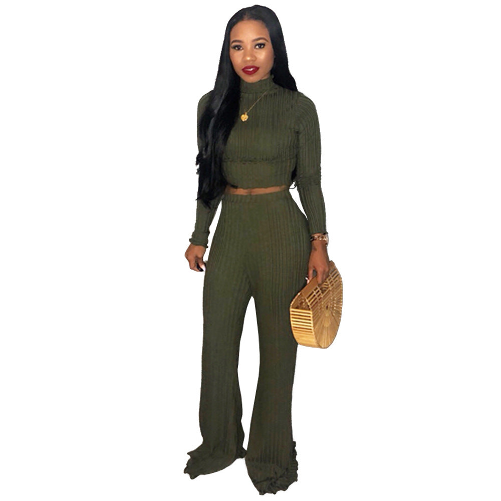 Women's Rib Fabric Cropped Wide Leg Pants Turtleneck Two-Piece Set