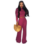 Women's Rib Fabric Cropped Wide Leg Pants Turtleneck Two-Piece Set