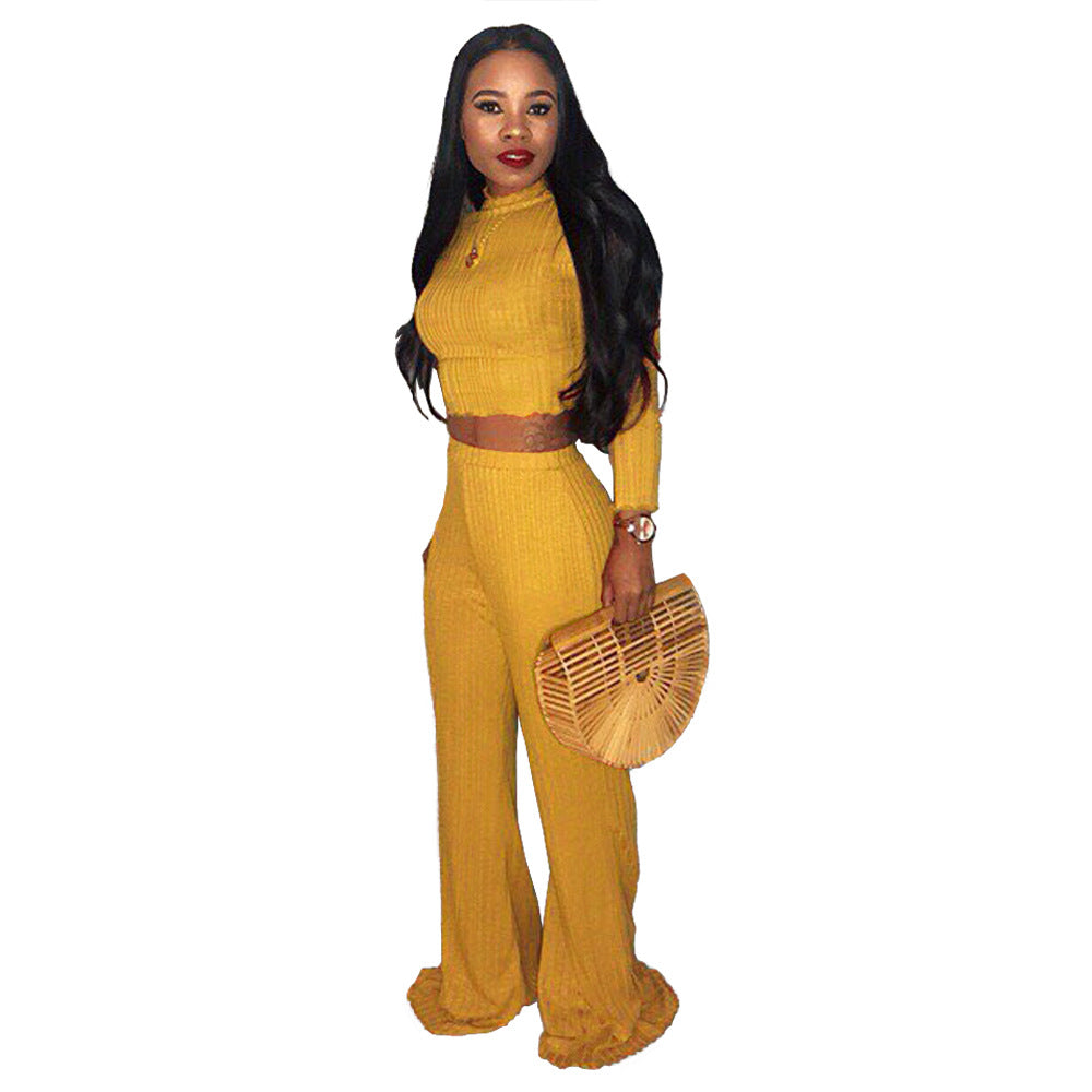 Women's Rib Fabric Cropped Wide Leg Pants Turtleneck Two-Piece Set