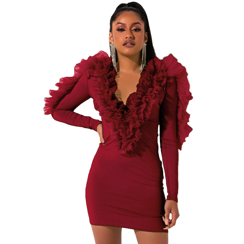 Women's V-Neck Ruffle Butterfly-Sleeve Dress
