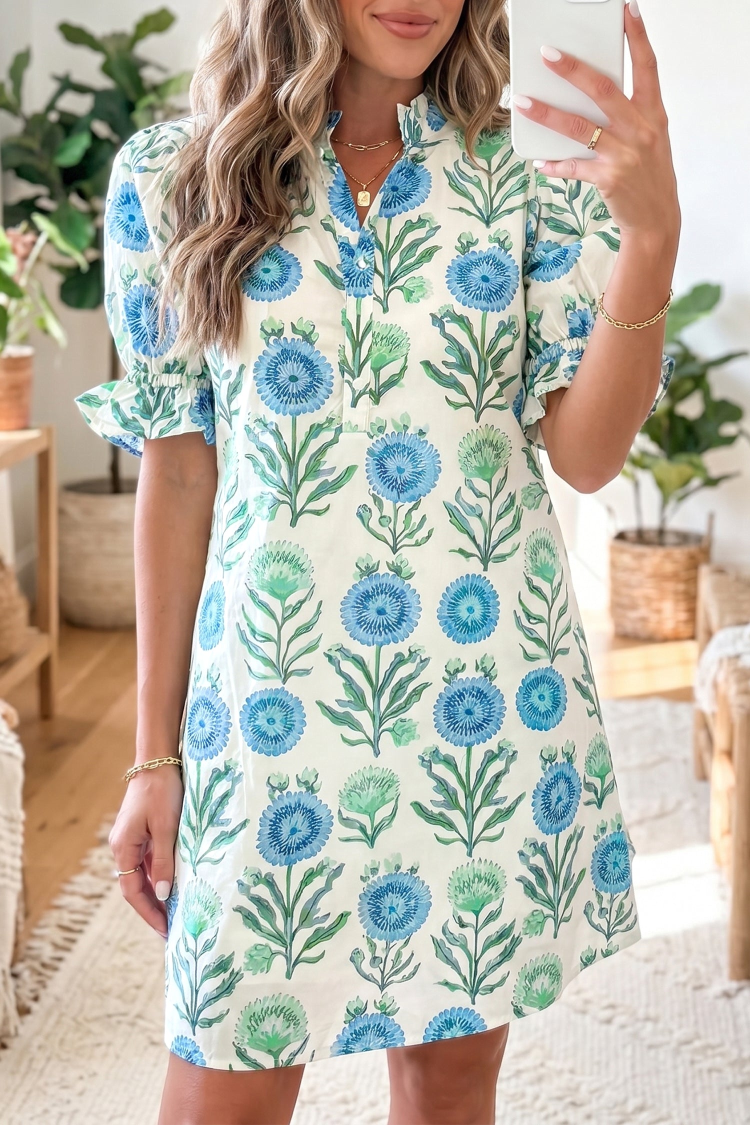 Sky Blue Floral Half-Button Short Dress