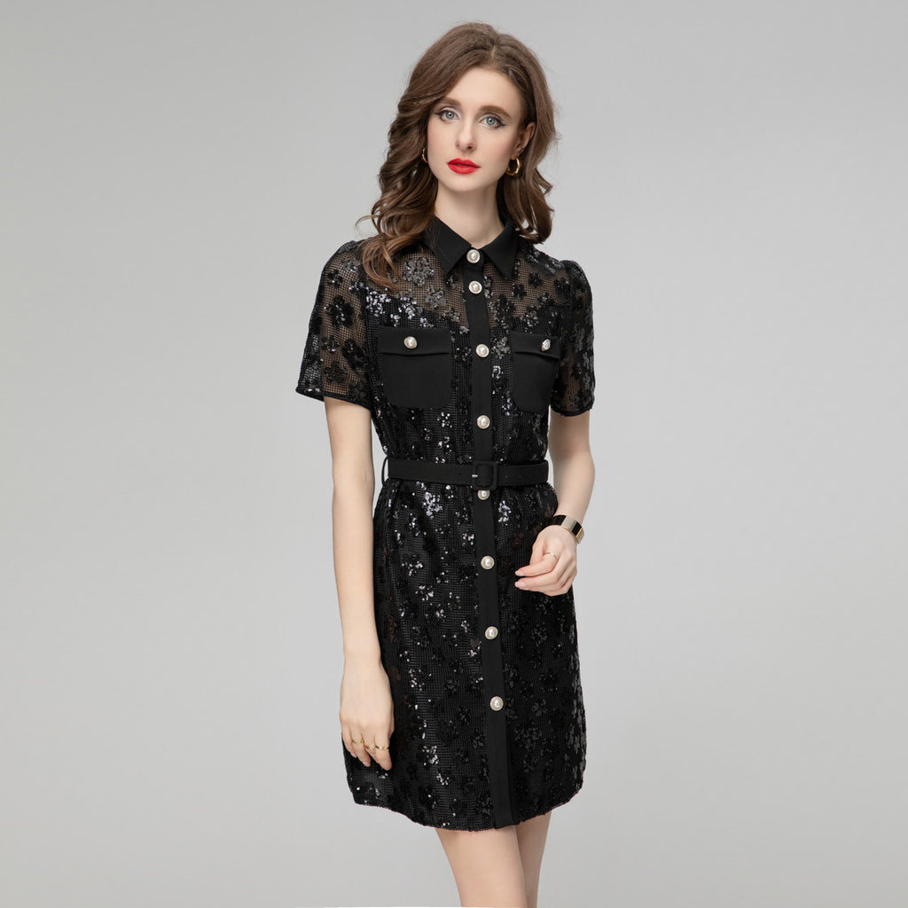 Black sequin short sleeve dress with point collar, front buttons, and chest pockets