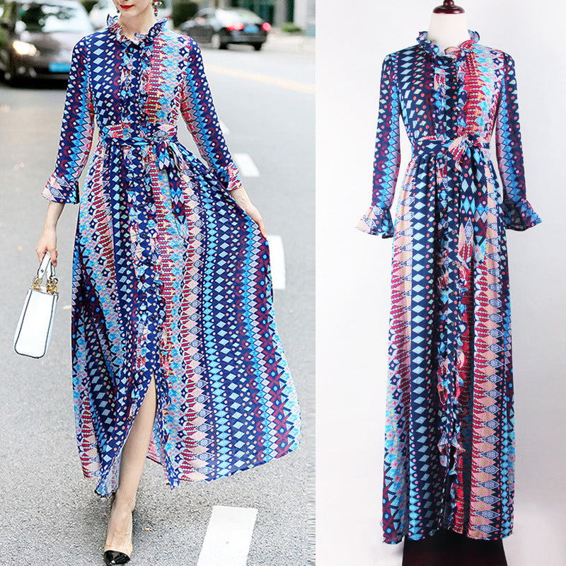 Women's Spring Summer Women Clothing Wooden Ear Dress Geometric Abstract Print Flared Sleeve Cardigan Loose Dress