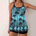 Women's blue palm print tankini set with shorts